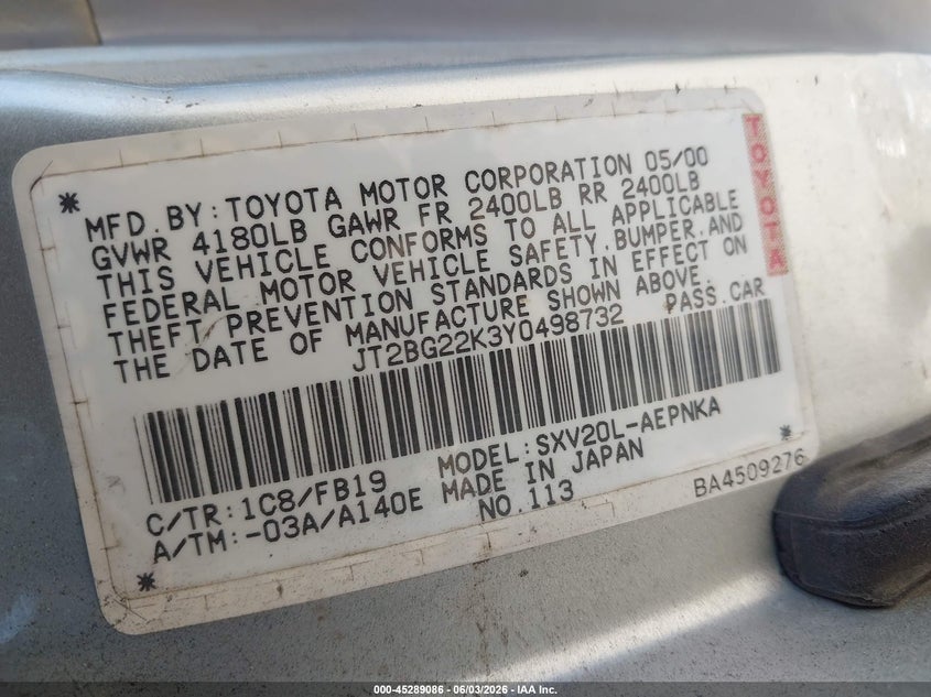 2000 Toyota Camry Le VIN: JT2BG22K3Y0498732 Lot: 45289086
