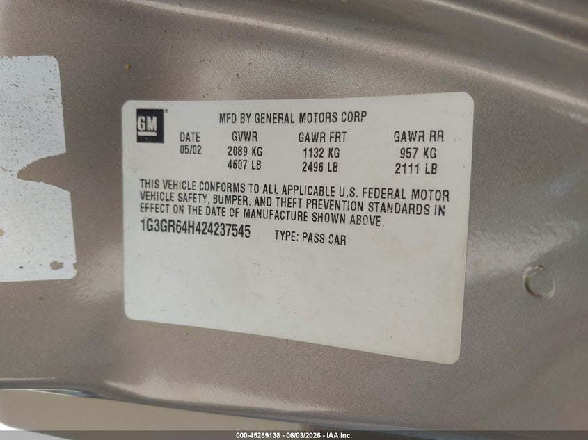 2002 Oldsmobile Aurora 3.5 VIN: 1G3GR64H424237545 Lot: 45289138
