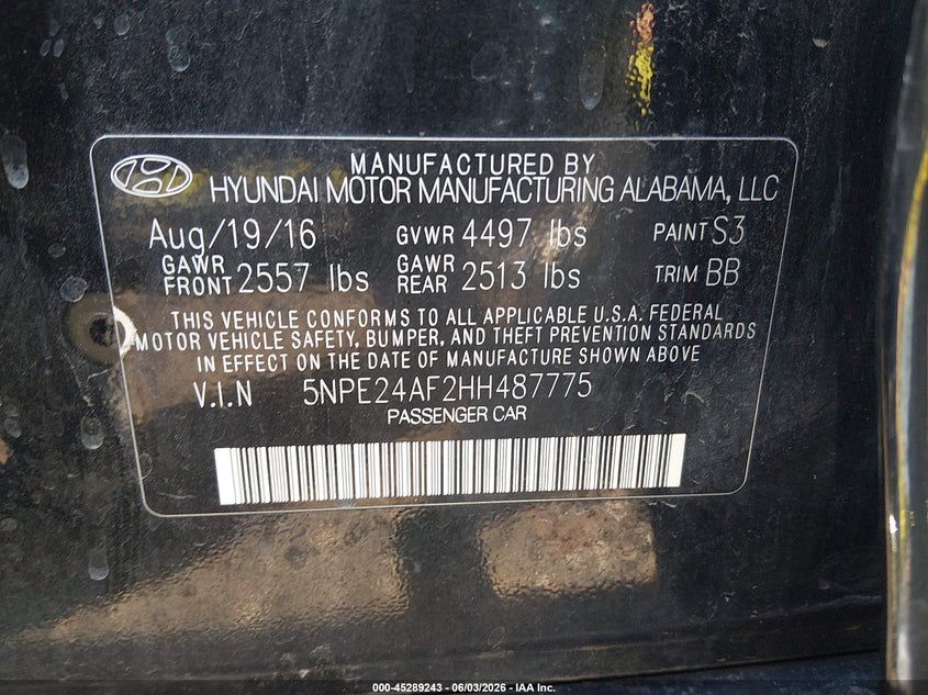2017 HYUNDAI SONATA SEDAN 2.4L I-4 DI, DOHC, VVT, 185HP