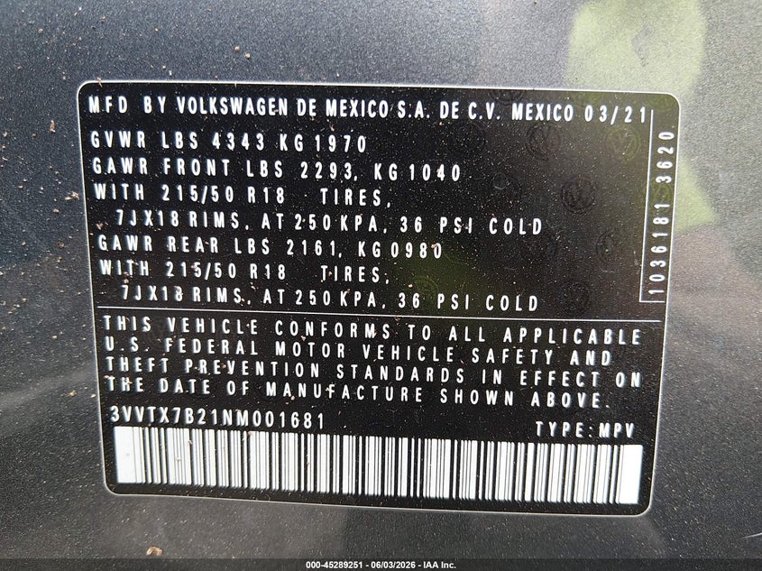 2022 Volkswagen Taos 1.5T Se VIN: 3VVTX7B21NM001681 Lot: 45289251