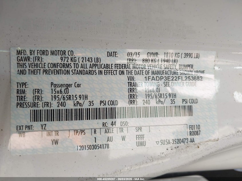 2015 Ford Focus S VIN: 1FADP3E22FL253682 Lot: 45289287
