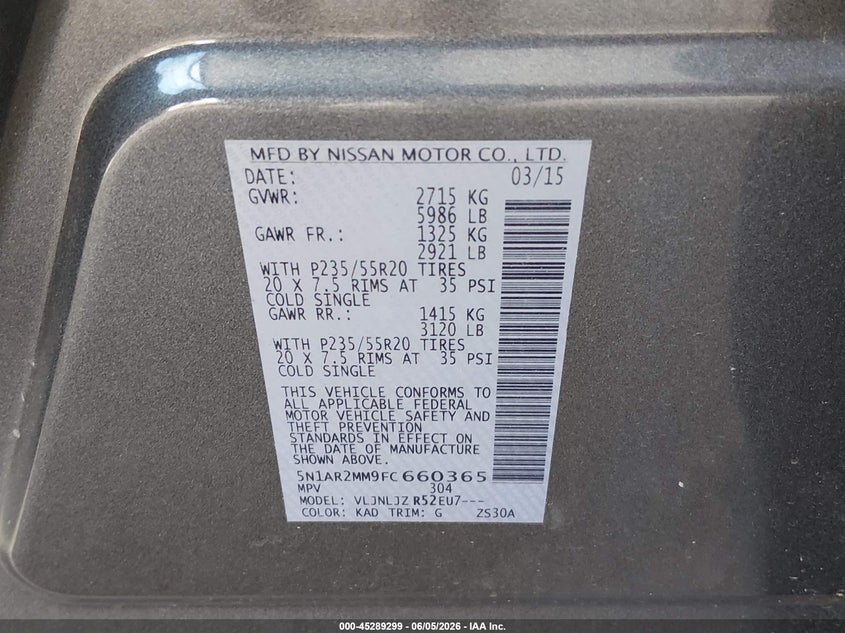 2015 Nissan Pathfinder Platinum/S/Sl/Sv VIN: 5N1AR2MM9FC660365 Lot: 45289299