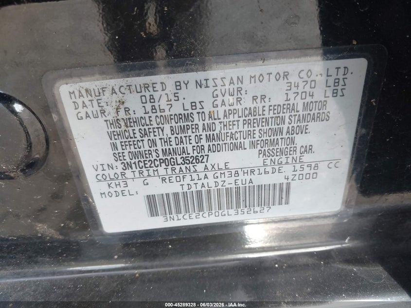 2016 Nissan Versa Note S (Sr)/S Plus/Sl/Sr/Sv VIN: 3N1CE2CP0GL352627 Lot: 45289328