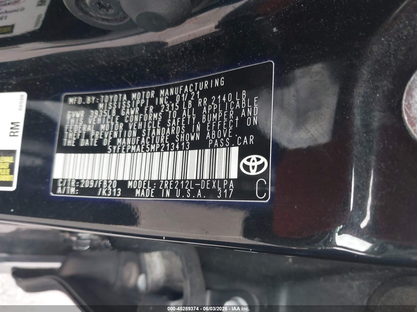 2021 TOYOTA COROLLA SEDAN 1.8L I-4 DOHC, VVT, 139HP