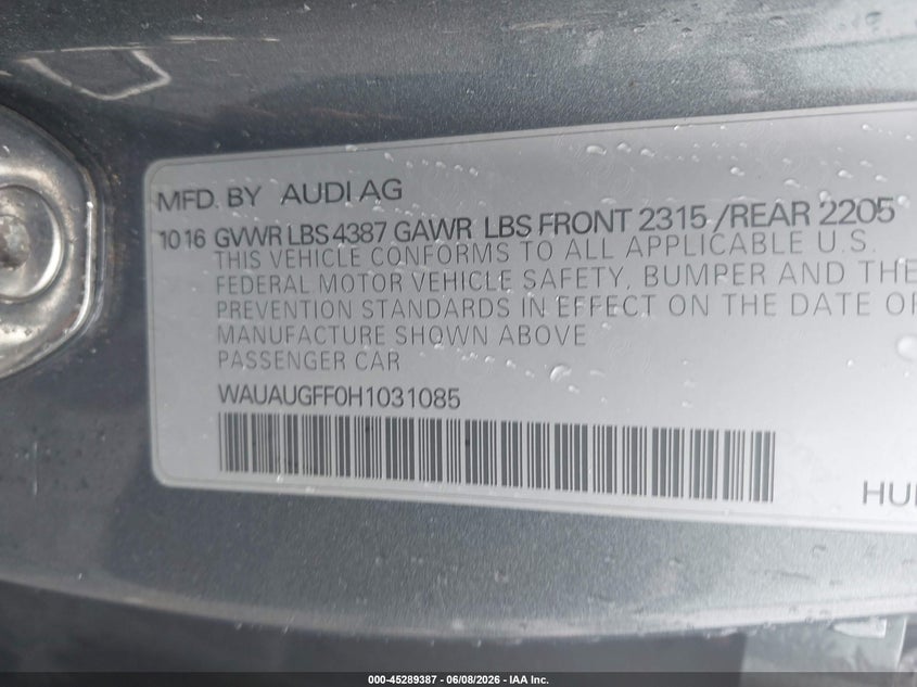 2017 Audi A3 2.0T Premium VIN: WAUAUGFF0H1031085 Lot: 45289387