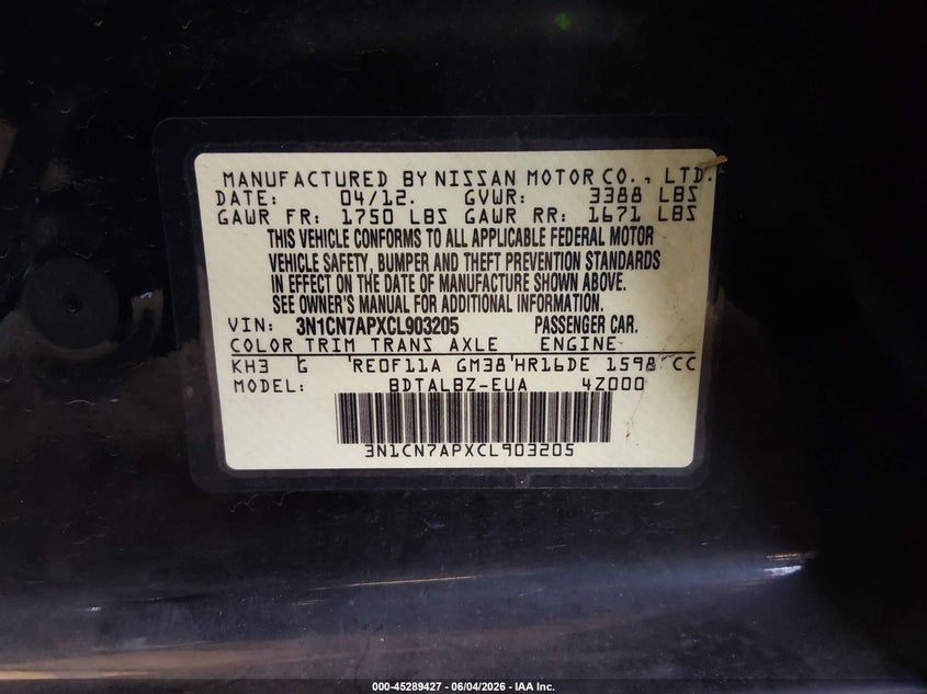 2012 Nissan Versa 1.6 Sv VIN: 3N1CN7APXCL903205 Lot: 45289427