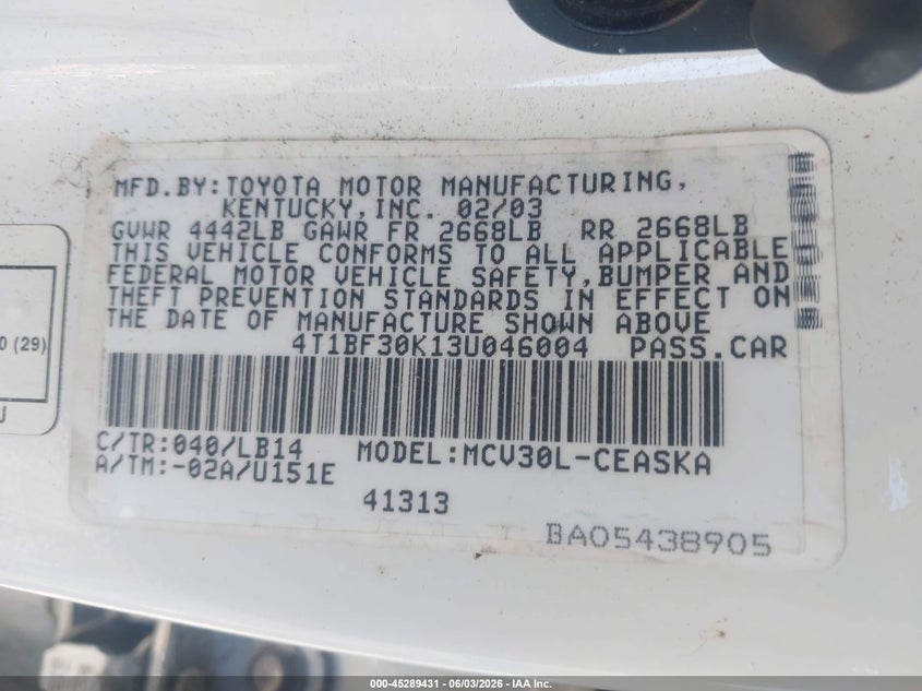 2003 Toyota Camry Se V6 VIN: 4T1BF30K13U046004 Lot: 45289431