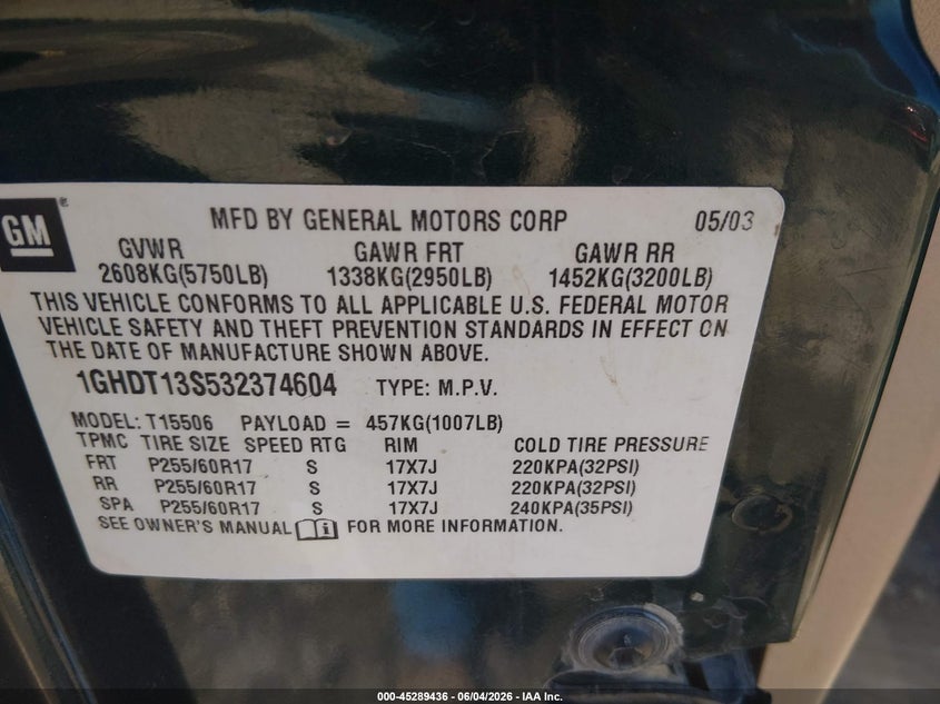 2003 Oldsmobile Bravada VIN: 1GHDT13S532374604 Lot: 45289436