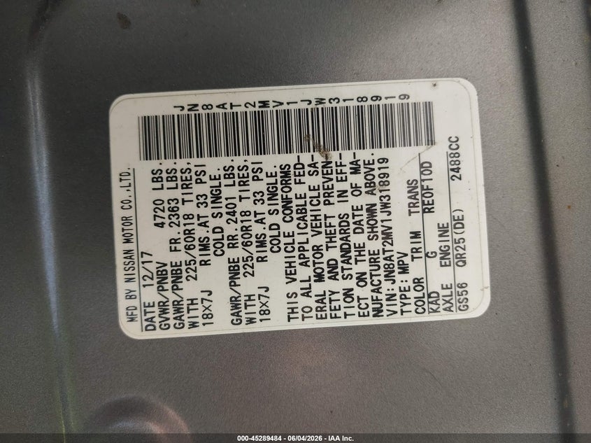 2018 Nissan Rogue Sl VIN: JN8AT2MV1JW318919 Lot: 45289484