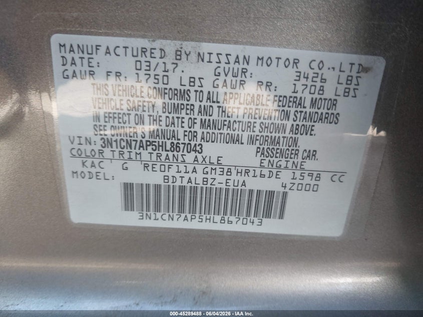 2017 Nissan Versa 1.6 Sv VIN: 3N1CN7AP5HL867043 Lot: 45289488