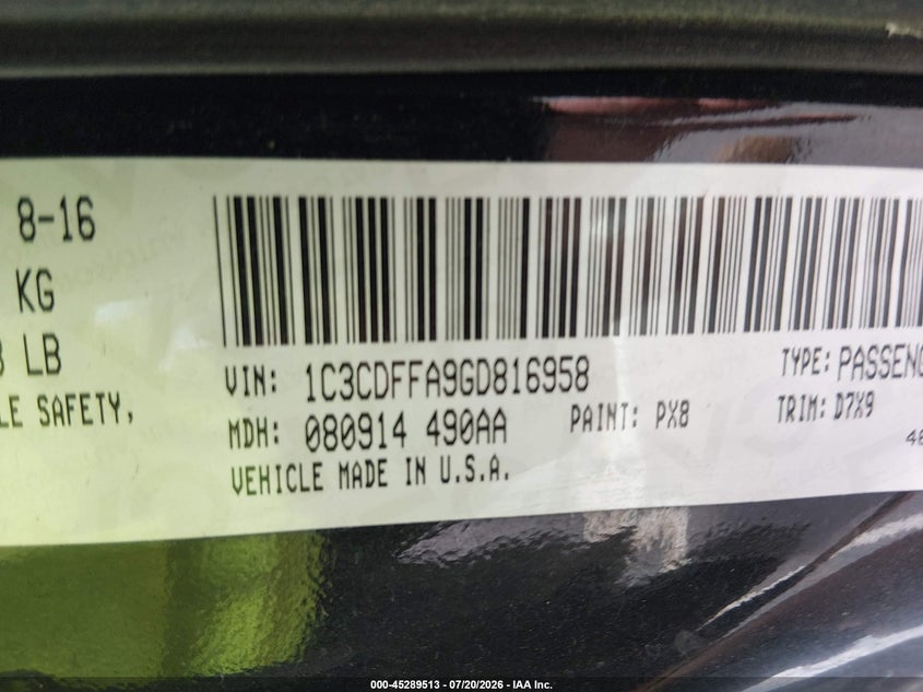 2016 Dodge Dart Sxt Sport VIN: 1C3CDFFA9GD816958 Lot: 45289513