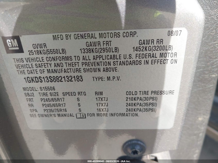 2008 GMC Envoy Sle VIN: 1GKDS13S882132183 Lot: 45289540