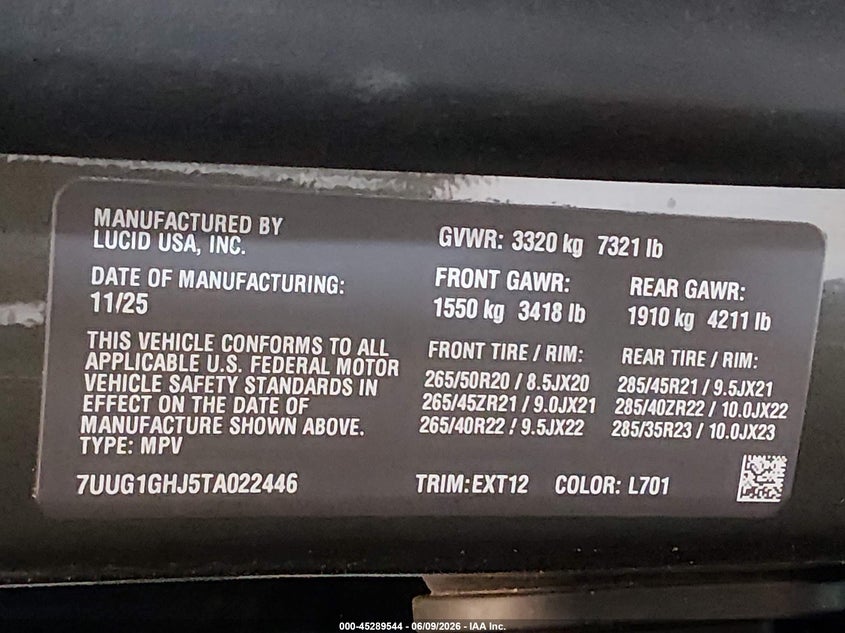 2026 Lucid Gravity Grand Touring VIN: 7UUG1GHJ5TA022446 Lot: 45289544