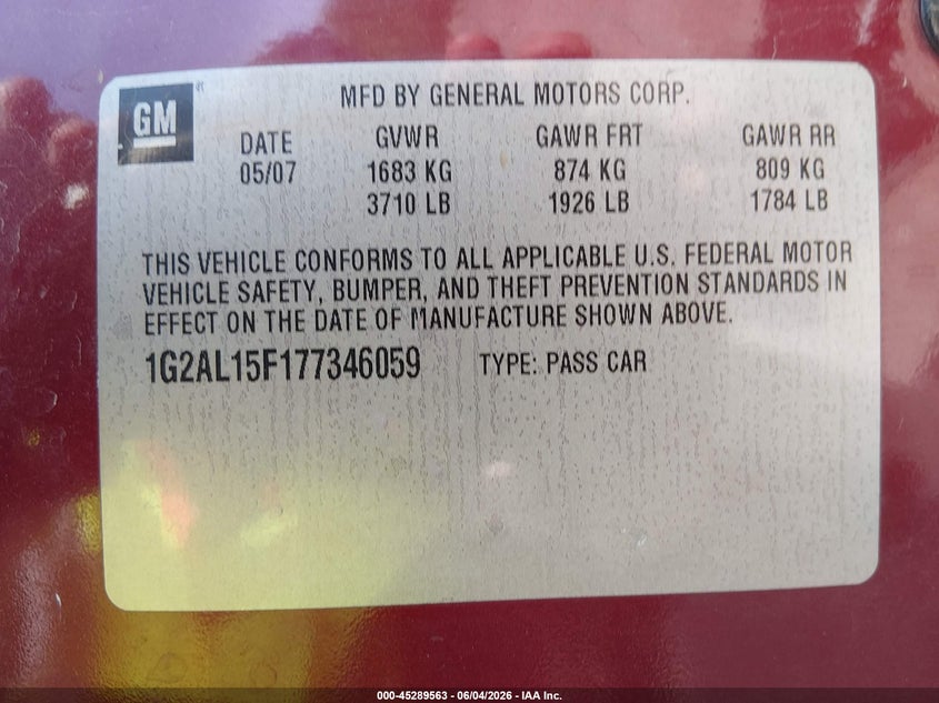 2007 Pontiac G5 VIN: 1G2AL15F177346059 Lot: 45289563