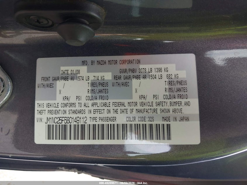 2008 Mazda Mx-5 Sport VIN: JM1NC25F680149112 Lot: 45289571