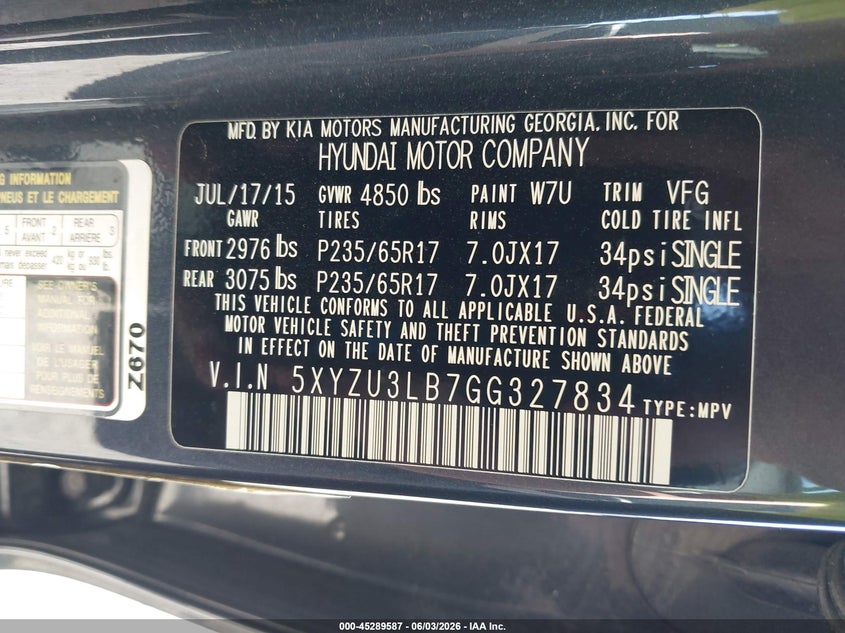 2016 Hyundai Santa Fe Sport 2.4L VIN: 5XYZU3LB7GG327834 Lot: 45289587