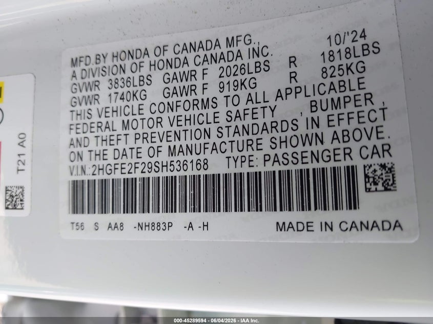 VIN 2HGFE2F29SH536168 2025 HONDA CIVIC LX