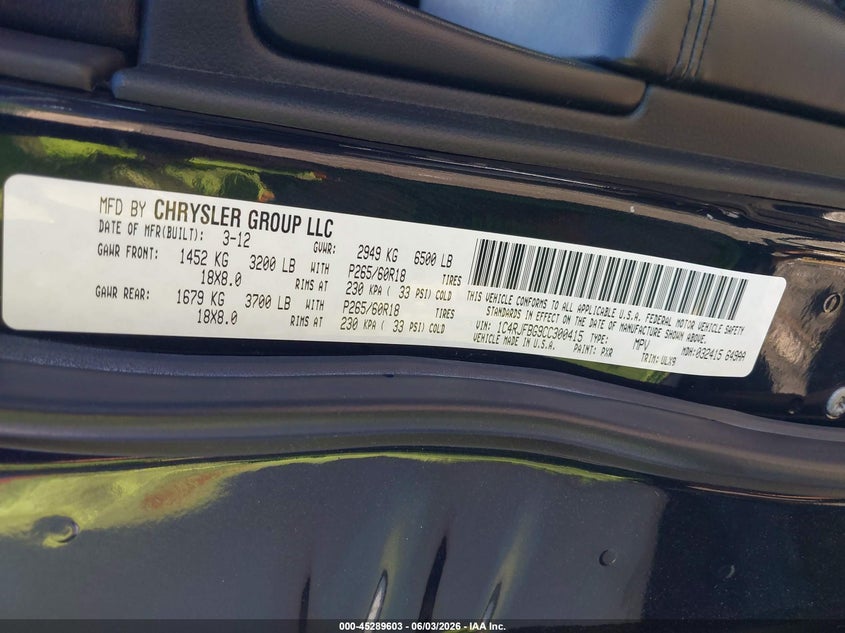 2012 Jeep Grand Cherokee Limited VIN: 1C4RJFBG9CC300415 Lot: 45289603