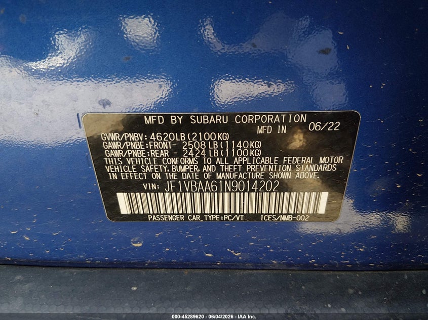 2022 Subaru Wrx VIN: JF1VBAA61N9014202 Lot: 45289620
