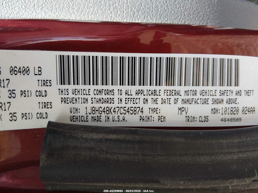 2007 Jeep Commander Sport VIN: 1J8HG48K47C545874 Lot: 45289660