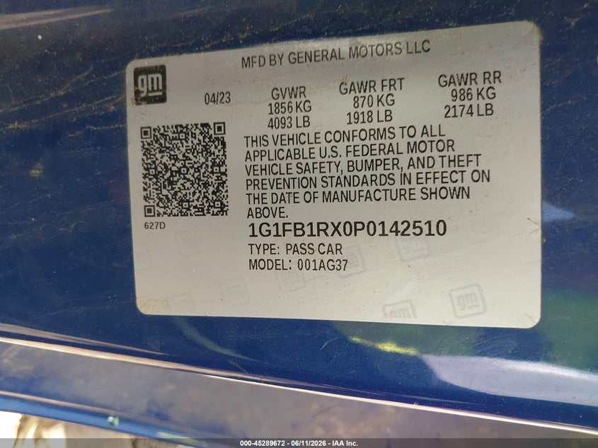 CHEVROLET CAMARO 2023 VIN 1G1FB1RX0P0142510