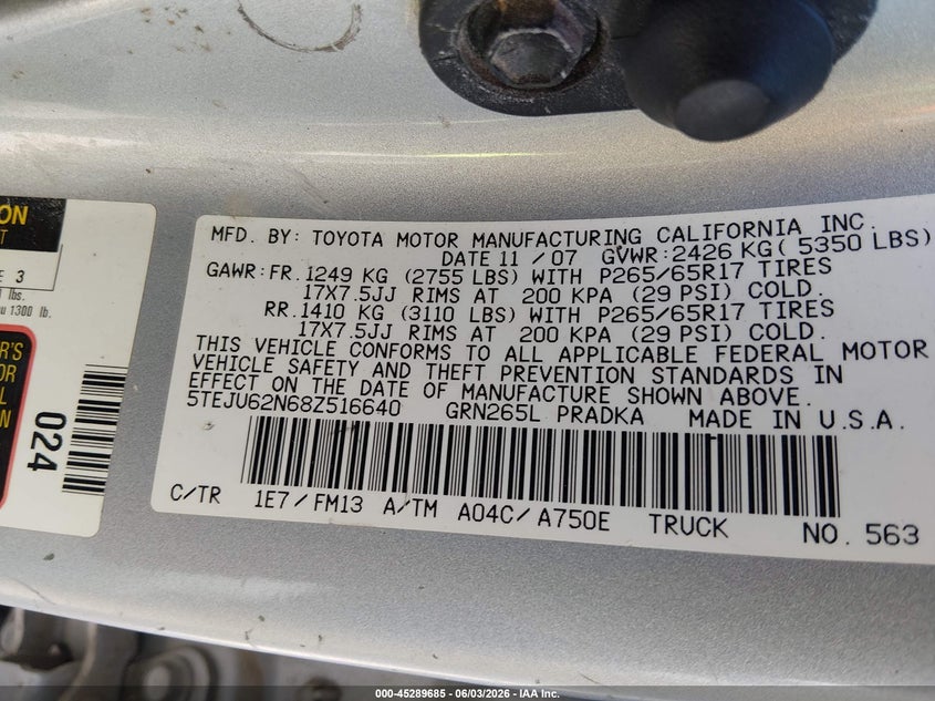 2008 Toyota Tacoma Prerunner V6 VIN: 5TEJU62N68Z516640 Lot: 45289685