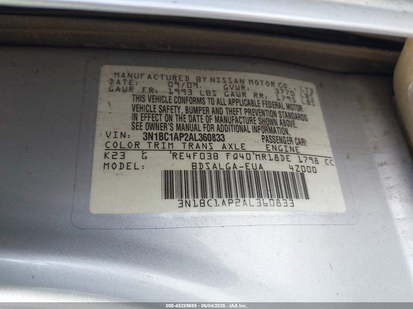 2010 Nissan Versa 1.8Sl VIN: 3N1BC1AP2AL360833 Lot: 45289695