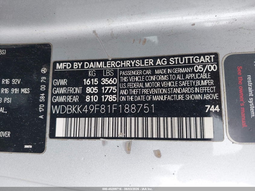 2001 Mercedes-Benz Slk 230 Kompressor VIN: WDBKK49F81F188751 Lot: 45289716