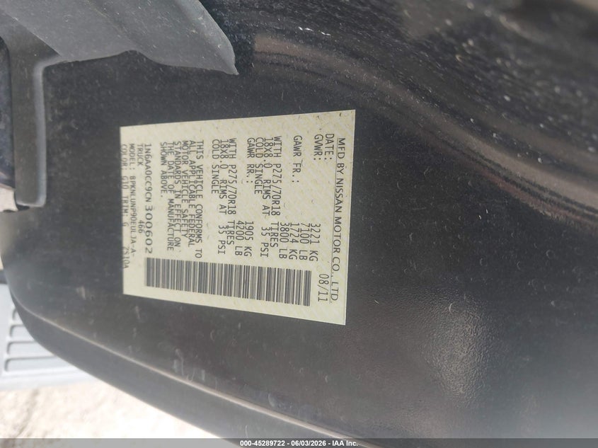 2012 Nissan Titan Pro-4X VIN: 1N6AA0CC9CN300602 Lot: 45289722