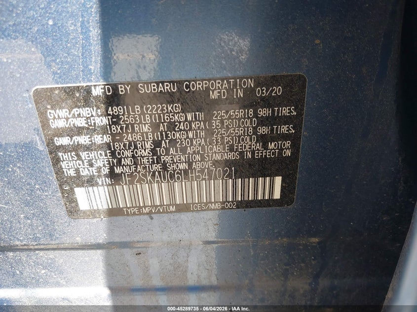 2020 Subaru Forester Limited VIN: JF2SKAUC6LH547021 Lot: 45289735