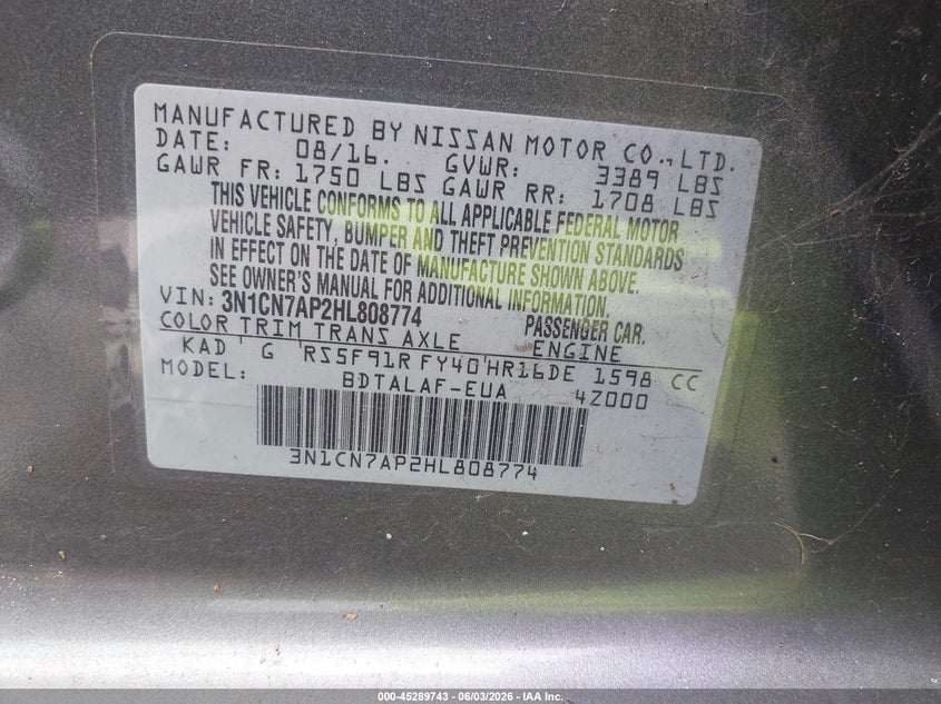 2017 Nissan Versa 1.6 S VIN: 3N1CN7AP2HL808774 Lot: 45289743