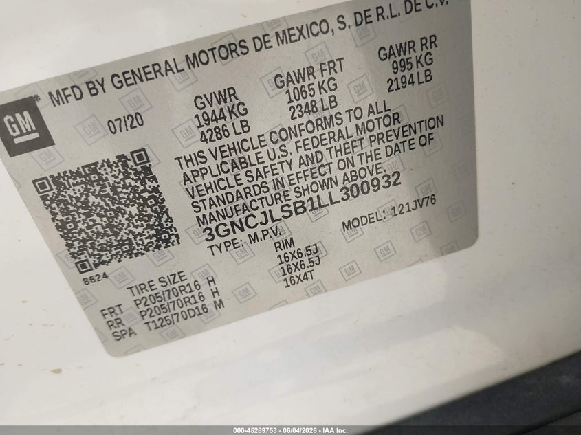 2020 Chevrolet Trax Fwd Lt VIN: 3GNCJLSB1LL300932 Lot: 45289753