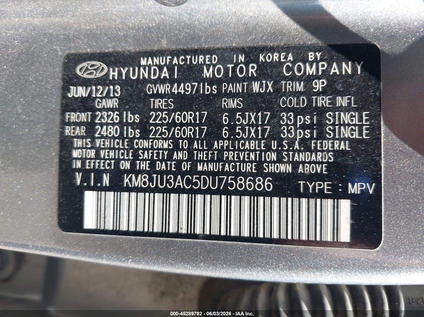 2013 Hyundai Tucson Gls VIN: KM8JU3AC5DU758686 Lot: 45289792