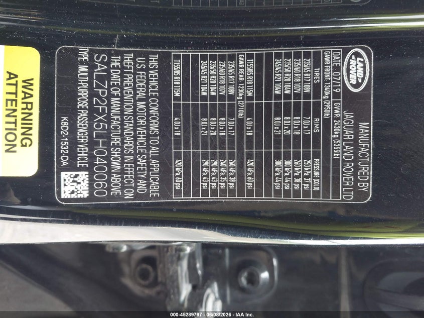 2020 Land Rover Range Rover Evoque Se VIN: SALZP2FX5LH040060 Lot: 45289797