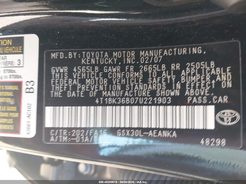 2007 Toyota Avalon Xl VIN: 4T1BK36B07U221903 Lot: 45289819