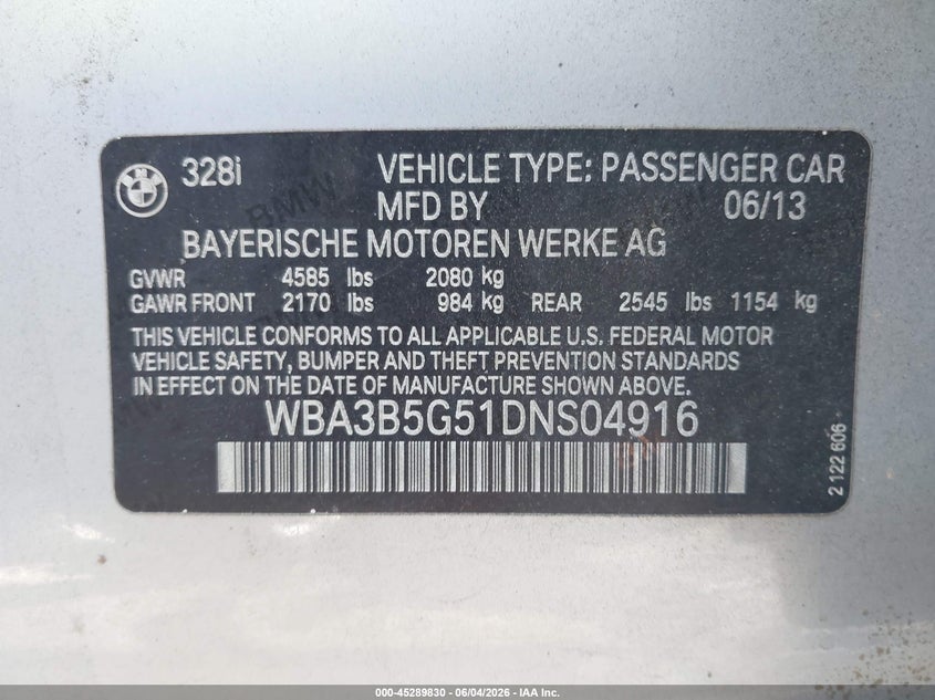 2013 BMW 328I xDrive VIN: WBA3B5G51DNS04916 Lot: 45289830