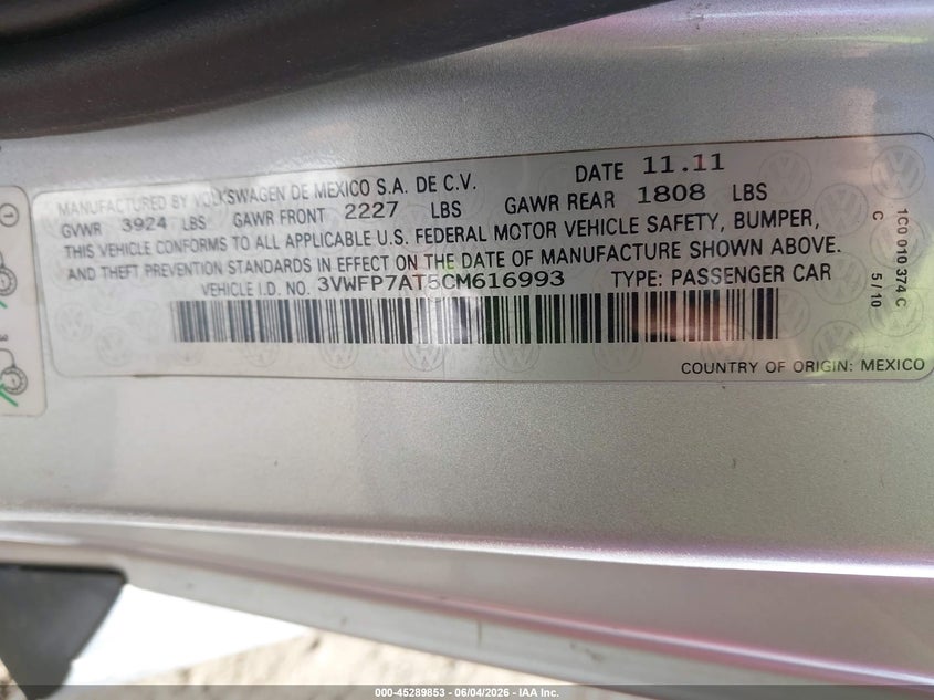 2012 Volkswagen Beetle Entry VIN: 3VWFP7AT5C616993 Lot: 45289853