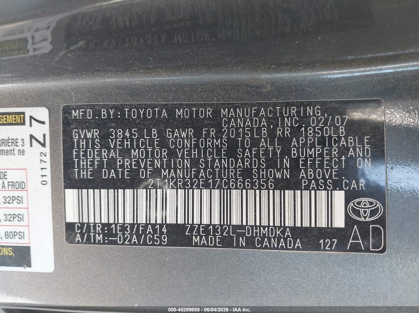 2007 Toyota Matrix VIN: 2T1KR32E17C666356 Lot: 45289888