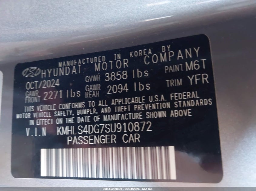 2025 Hyundai Elantra Sel Convenience VIN: KMHLS4DG7SU910872 Lot: 45289899