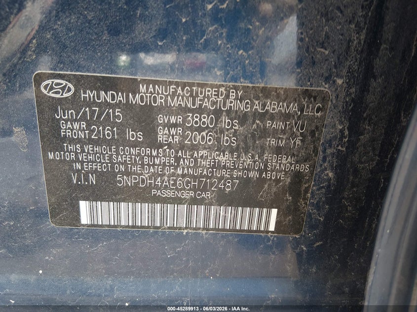 2016 HYUNDAI ELANTRA SEDAN 1.8L I-4 DOHC, VVT, 145HP