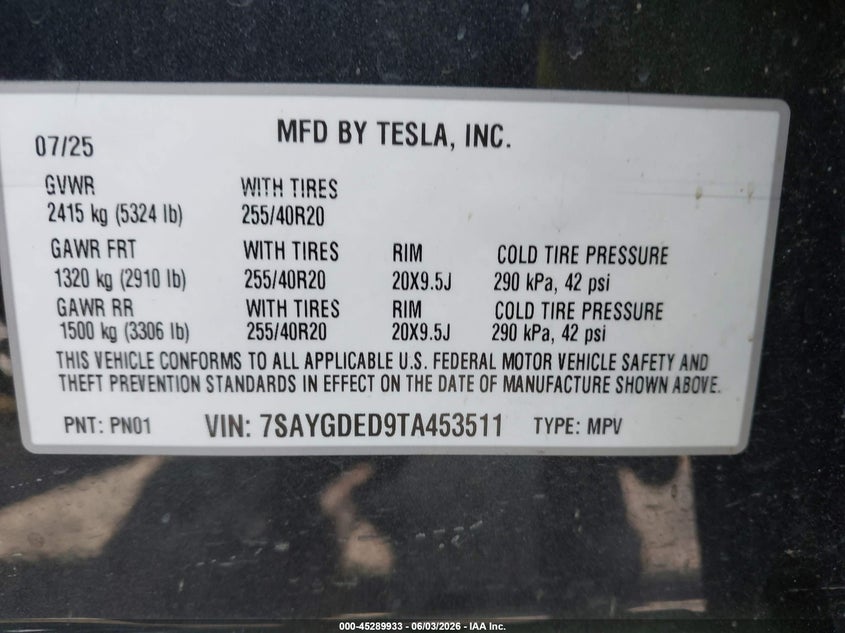 2026 Tesla Model Y Premium Rear-Wheel Drive/Rear-Wheel Drive VIN: 7SAYGDED9TA453511 Lot: 45289933