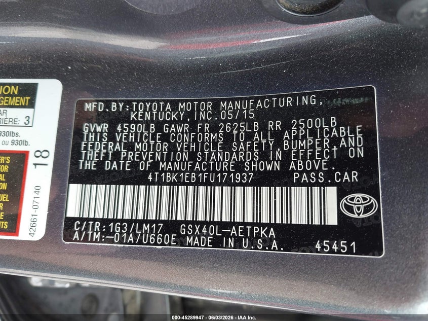 2015 Toyota Avalon Limited VIN: 4T1BK1EB1FU171937 Lot: 45289947