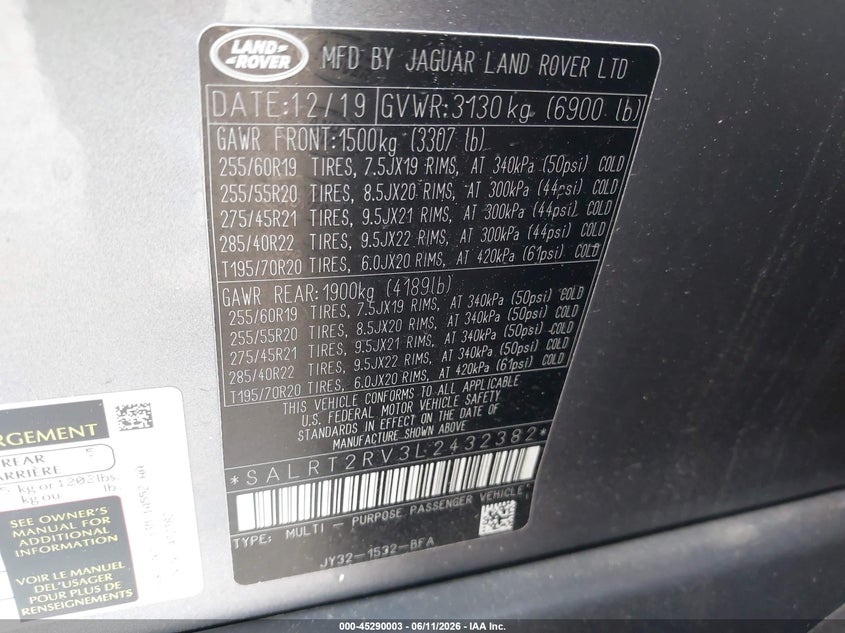 2020 Land Rover Discovery Hse Luxury VIN: SALRT2RV3L2432382 Lot: 45290003