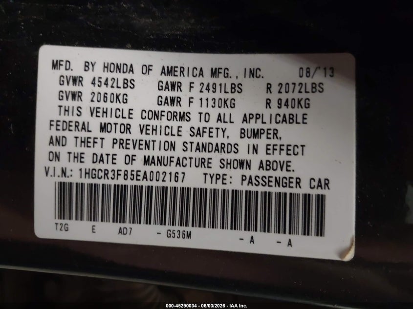 2014 Honda Accord Ex-L V-6 VIN: 1HGCR3F85EA002167 Lot: 45290034