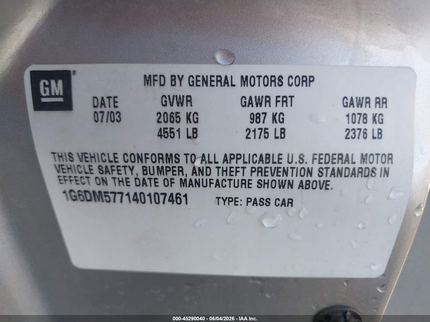 2004 Cadillac Cts Standard VIN: 1G6DM577140107461 Lot: 45290040