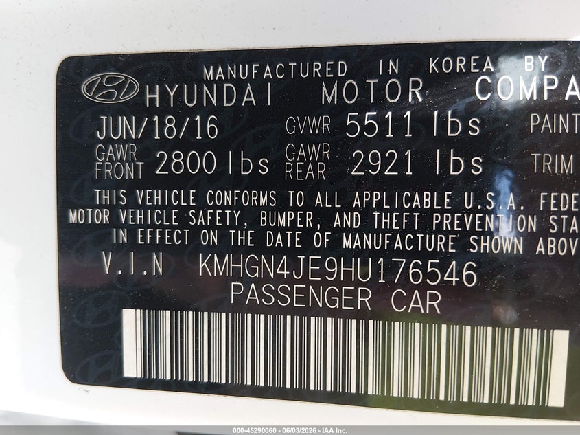 2017 Genesis G80 3.8 VIN: KMHGN4JE9HU176546 Lot: 45290060