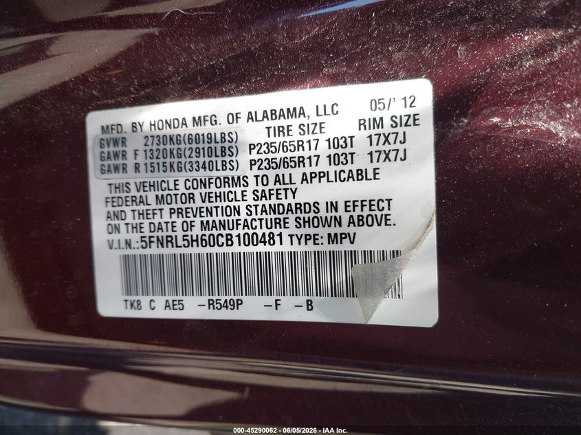 2012 Honda Odyssey Ex-L VIN: 5FNRL5H60CB100481 Lot: 45290062