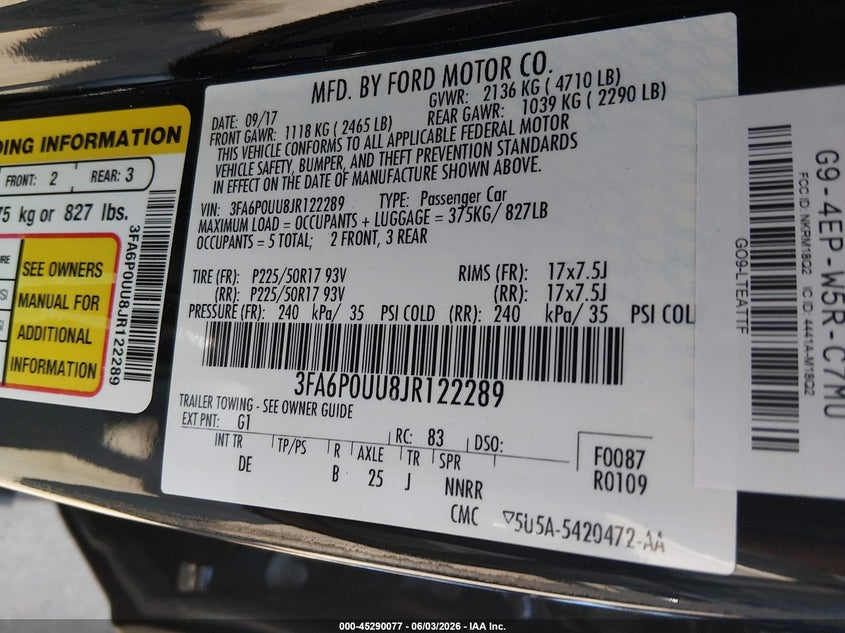 2018 Ford Fusion Hybrid S VIN: 3FA6P0UU8JR122289 Lot: 45290077