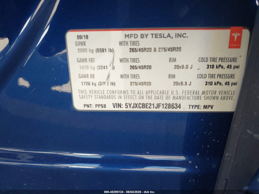 2018 Tesla Model X 100D/75D/P100D VIN: 5YJXCBE21JF128634 Lot: 45290124