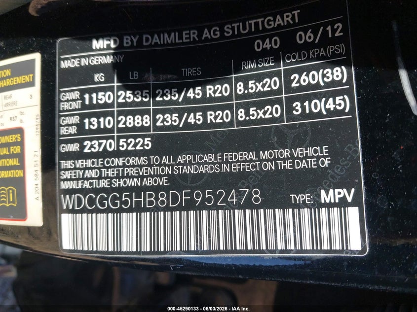 2013 Mercedes-Benz Glk 350 VIN: WDCGG5HB8DF952478 Lot: 45290133